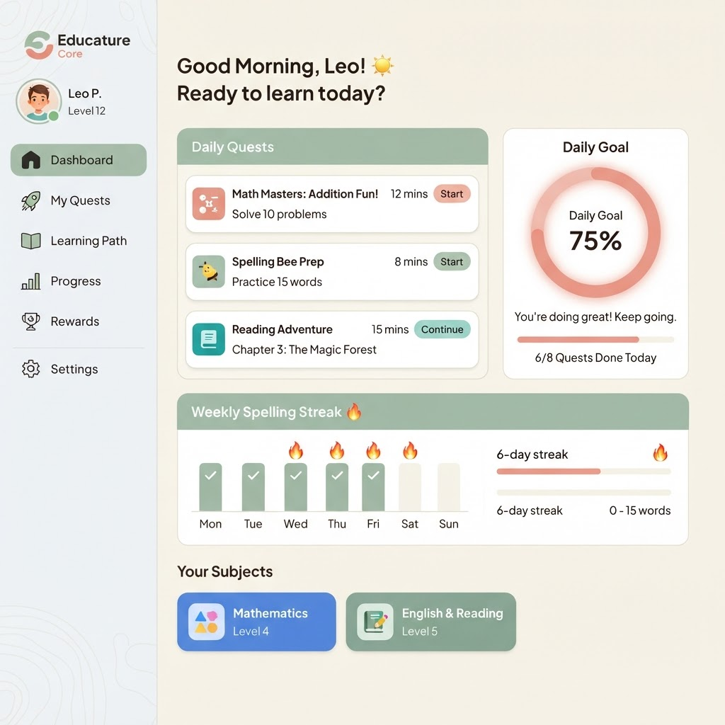 Educature Core Edition daily learning dashboard