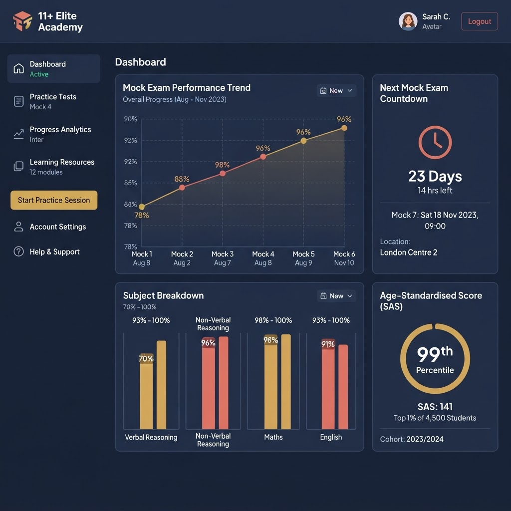 11+ Elite Academy mock exam performance dashboard